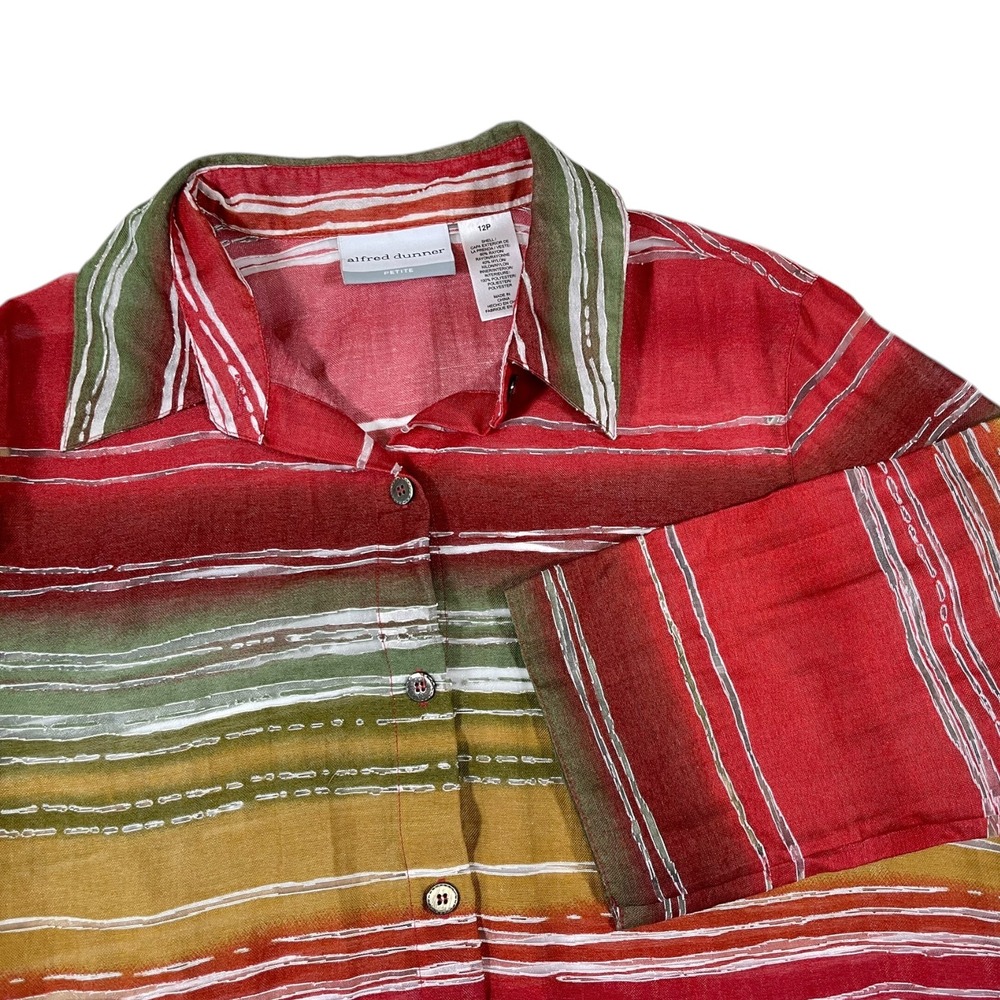 Alfred Dunner 12P Red Green Striped Button Down 3/4 Sleeve Blouse Boho Artsy